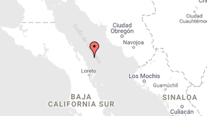 mapa del lugar del sismo en Loreto, BCS
