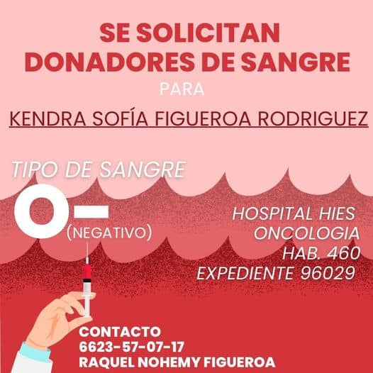 Solicitan donadores de sangre para la menor Kendra Figueroa Rodríguez