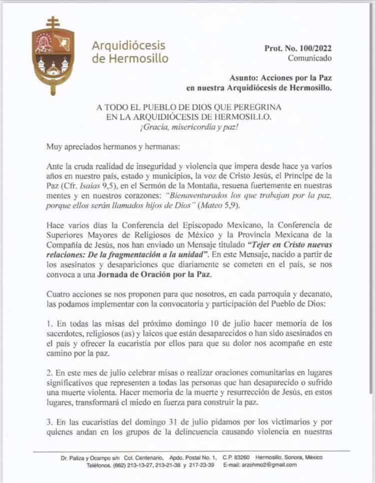 Arquidiócesis de Hermosillo se suma a la  jornada de oración por la paz