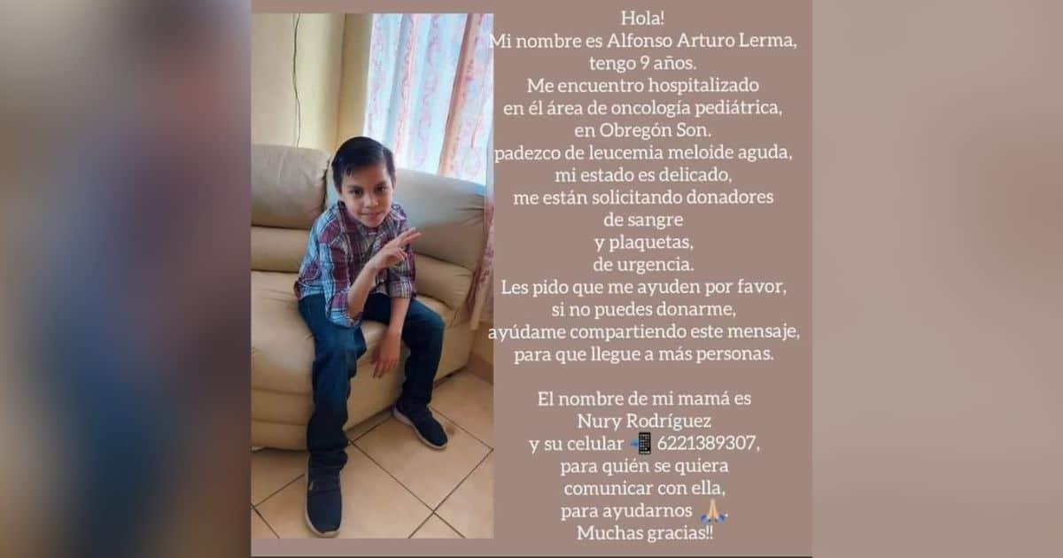 Urgen donadores de sangre para Alfonso, menor con cáncer avanzado
