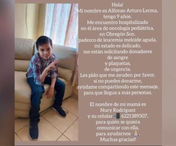 Urgen donadores de sangre para Alfonso, menor con cáncer avanzado