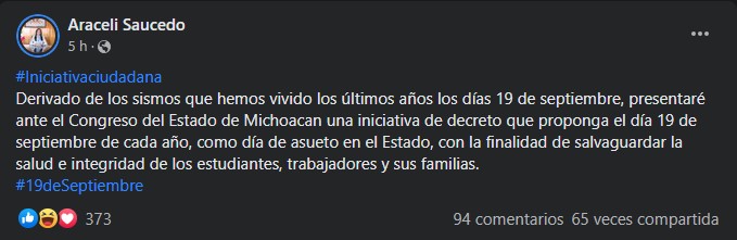 Propone que el 19 de septiembre sea día de asueto tras sismos en esta fecha