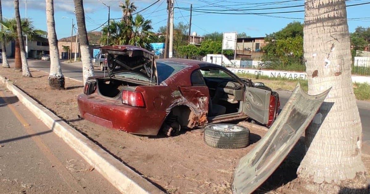 Abandonan deportivo con placas de la etnia Yaqui tras chocar contra palmera