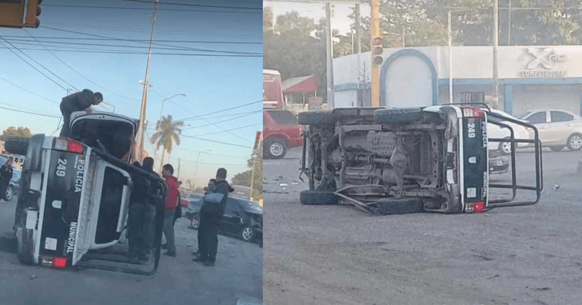 Choque provoca volcamiento de una patrulla de la Policía de Navojoa