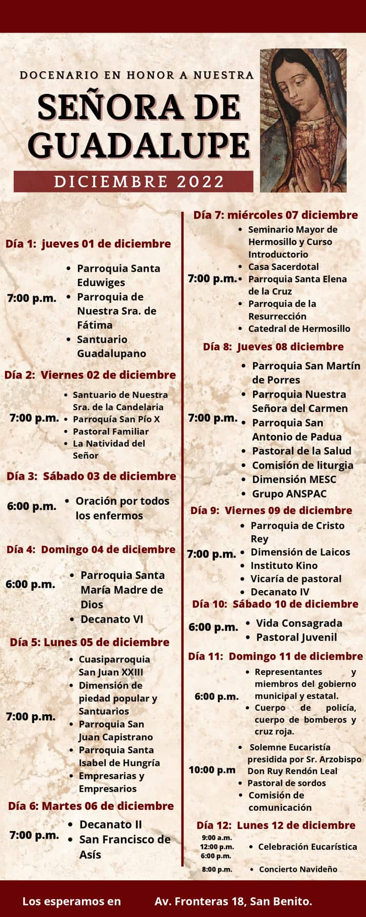 Este es el programa del docenario en honor a la Virgen Guadalupe