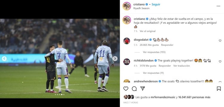 Messi y CR7 se muestran respeto en redes tras su reencuentro en cancha