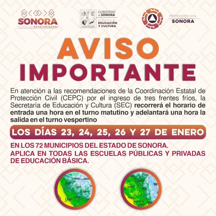 Modifican horario de clases por bajas temperaturas en escuelas de Sonora