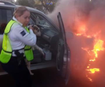 Rescatan a perro que estaba en un auto encendido en fuego