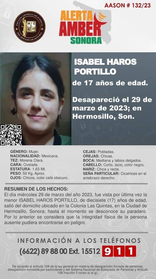 Lanzan Alerta Amber en Hermosillo por desaparición de Isabel Haros