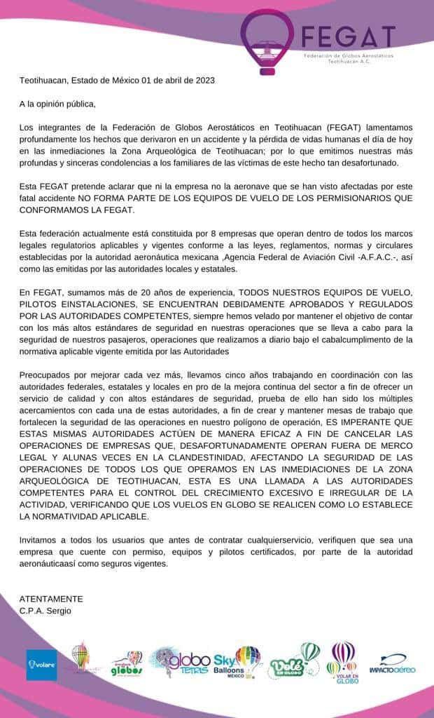 FEGAT aclara que globo incendiado no formaba parte de su equipo de vuelo