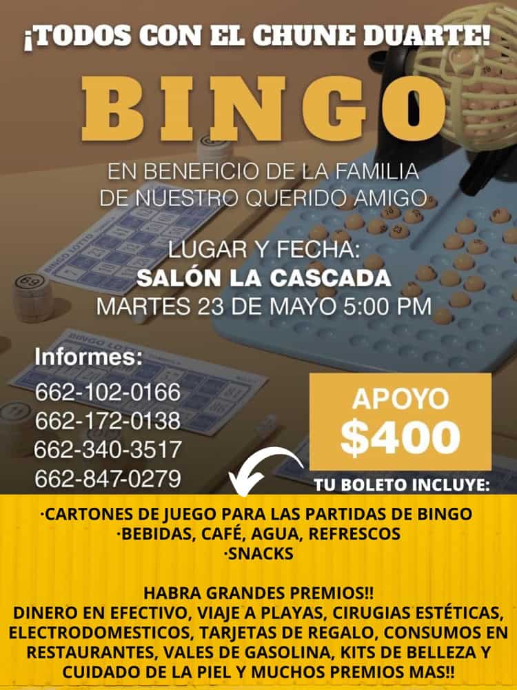 Organizan bingo en beneficio a la familia de Chune Duarte