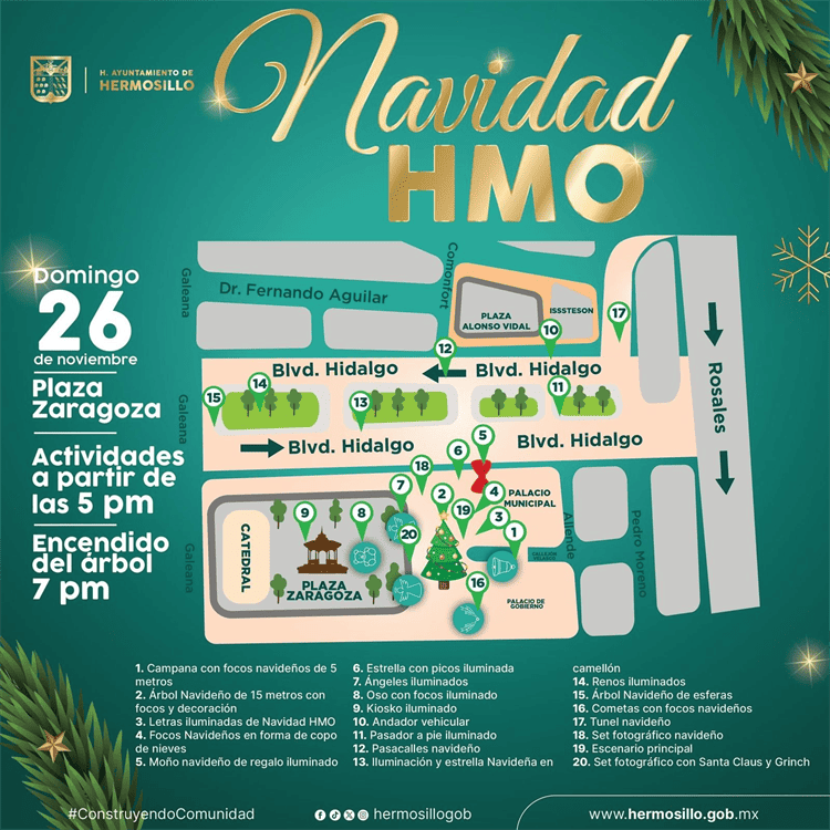 Inicia la navidad en Hermosillo con encendido del árbol en Plaza Zaragoza