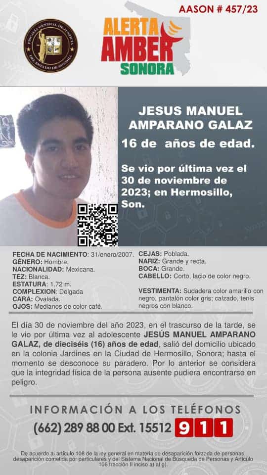 Alerta Amber Sonora: se busca a Jesús Manuel Amparano Galaz