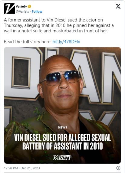 Vin Diesel afronta fuertes acusaciones de agresión sexual