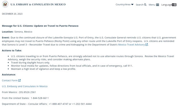Consulado prohíbe a ciudadanos estadounidenses viajar a Puerto Peñasco
