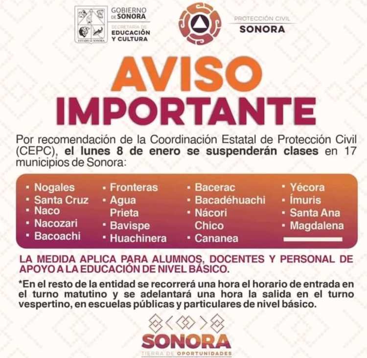 Suspenden clases en 17 municipios de Sonora por bajas temperaturas