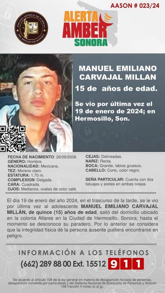 Activan Alerta Amber para localizar a menor Manuel Emiliano Carvajal Millan