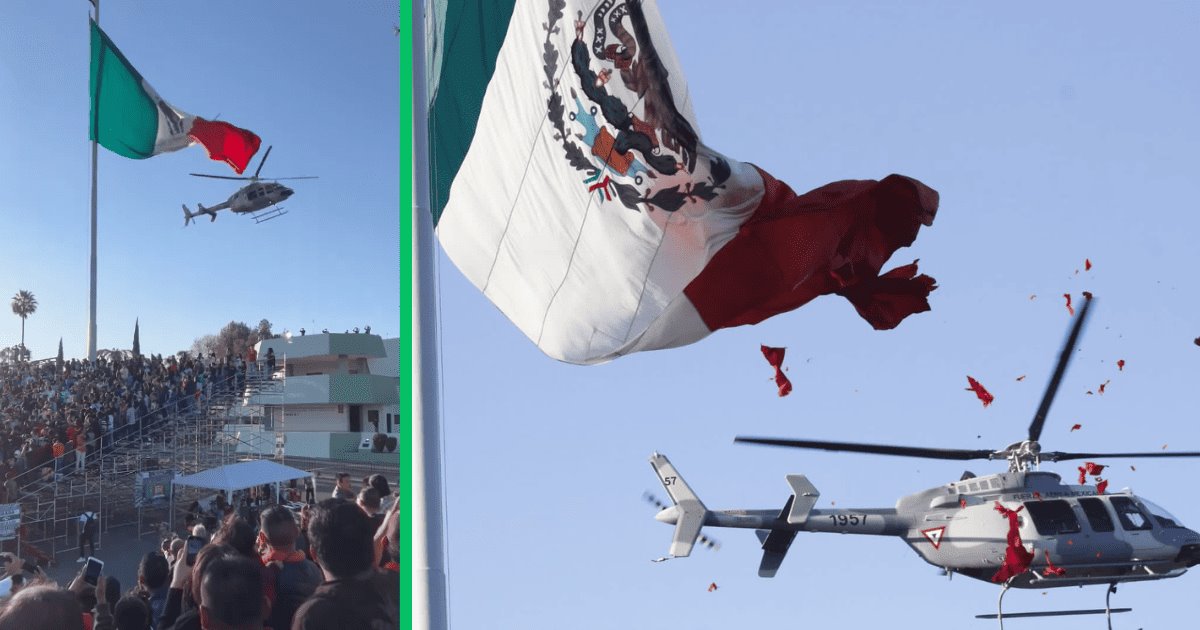 Helicóptero de Sedena corta monumental bandera por arriesgada maniobra