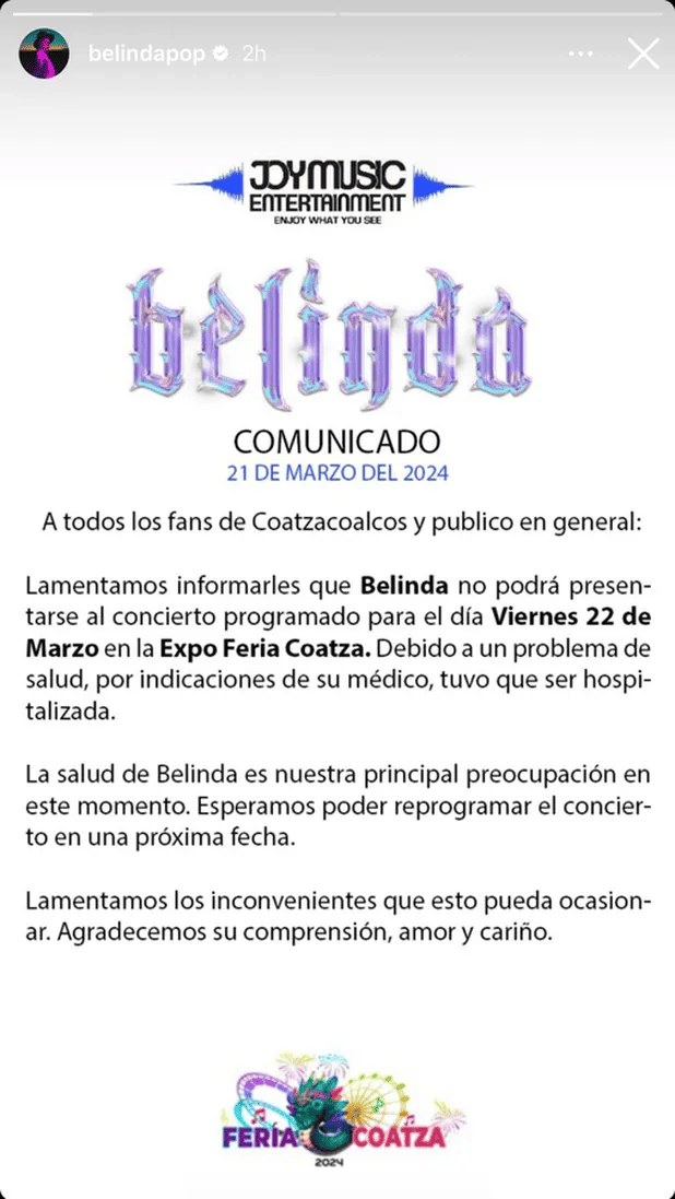 Hospitalizan de emergencia a Belinda y cancela concierto en Veracruz