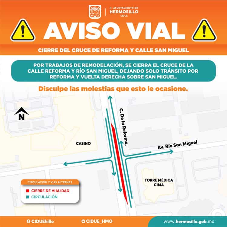 Cerrarán tramo de calle De la Reforma a partir de este 24 de abril