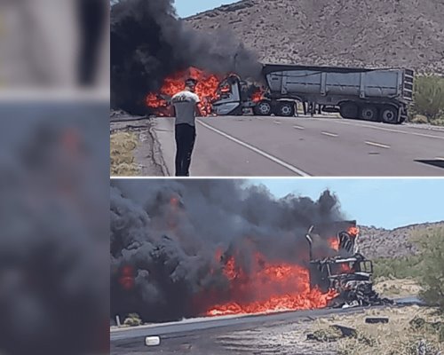 Atienden incendio de vehículos de carga en carretera Sonoyta-SLRC