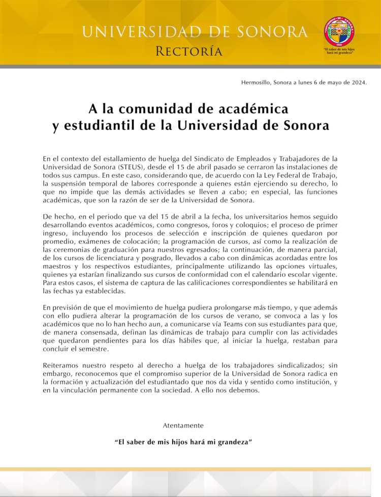 Rectoría Unison llama a académicos a concluir semestre en línea