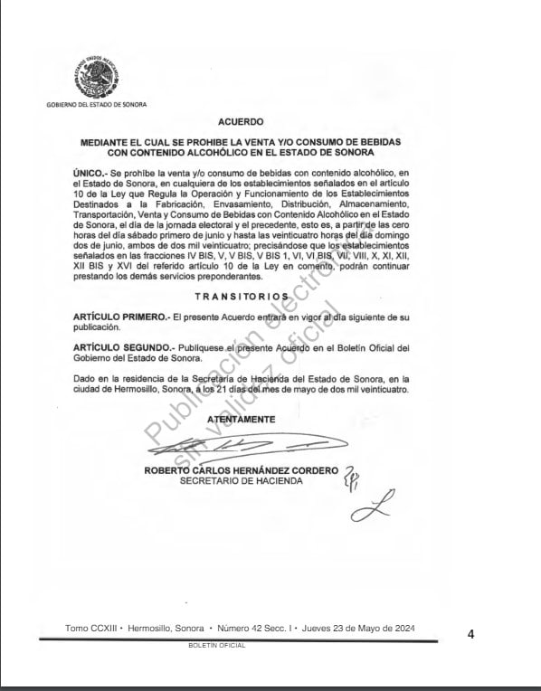 Gobierno de Sonora decreta Ley Seca para elecciones del 2 de junio