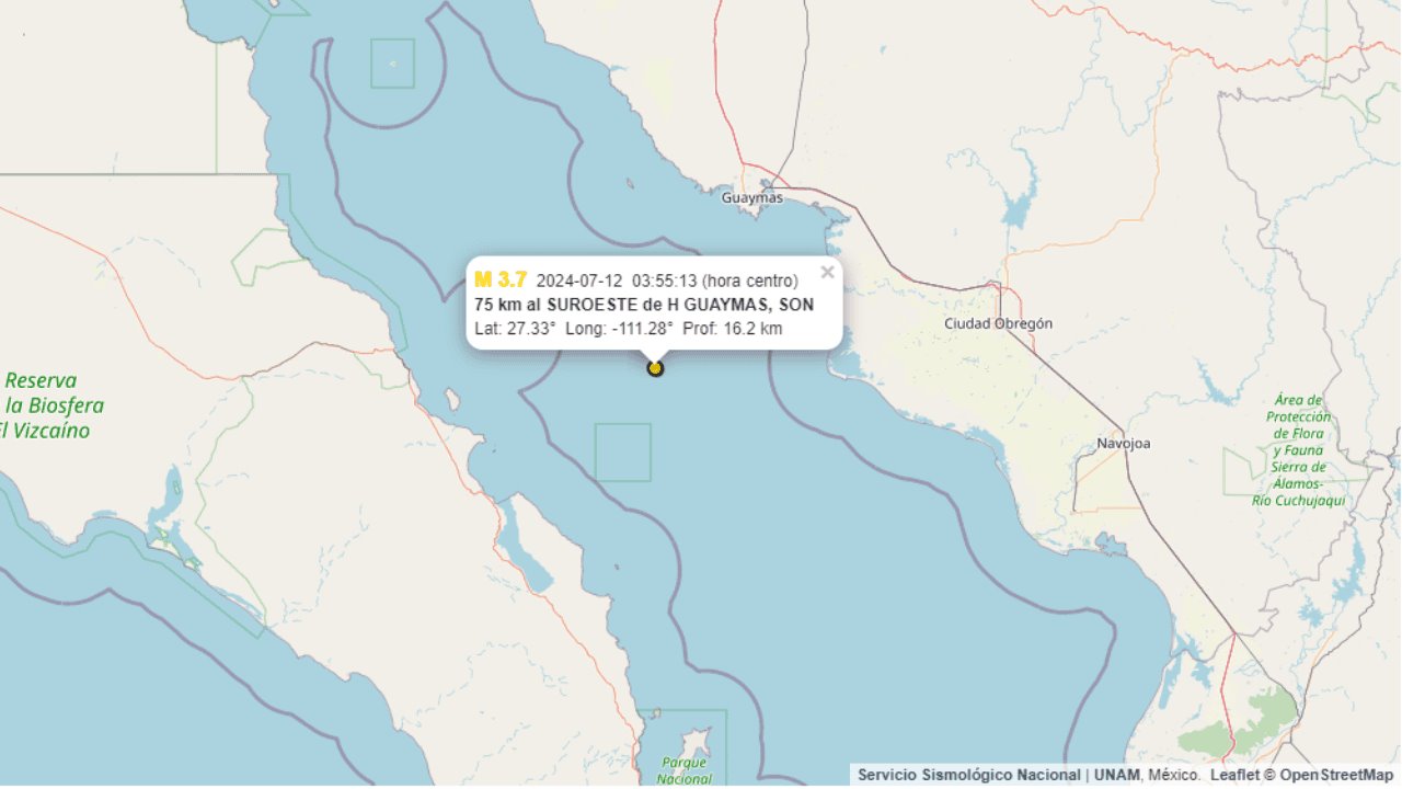 Sismo de 3.7 grados sacude Guaymas esta madrugada