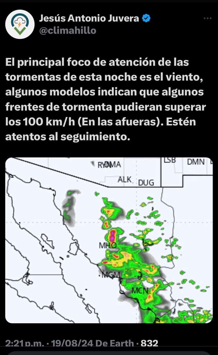 Prevén vientos de 100 kilómetros por hora la tarde noche de Hermosillo