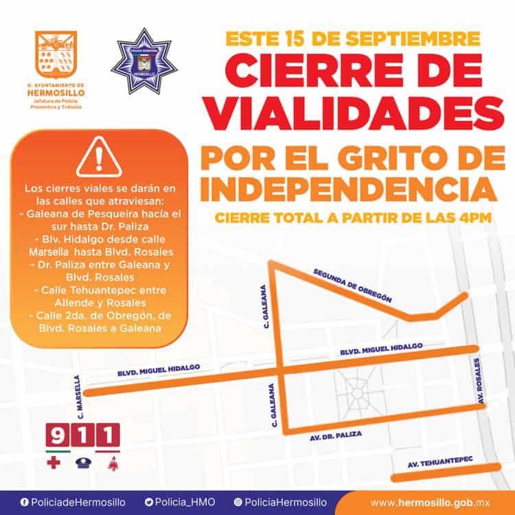 Estas serán las vialidades cerradas por la Fiestas Patrias en Hermosillo