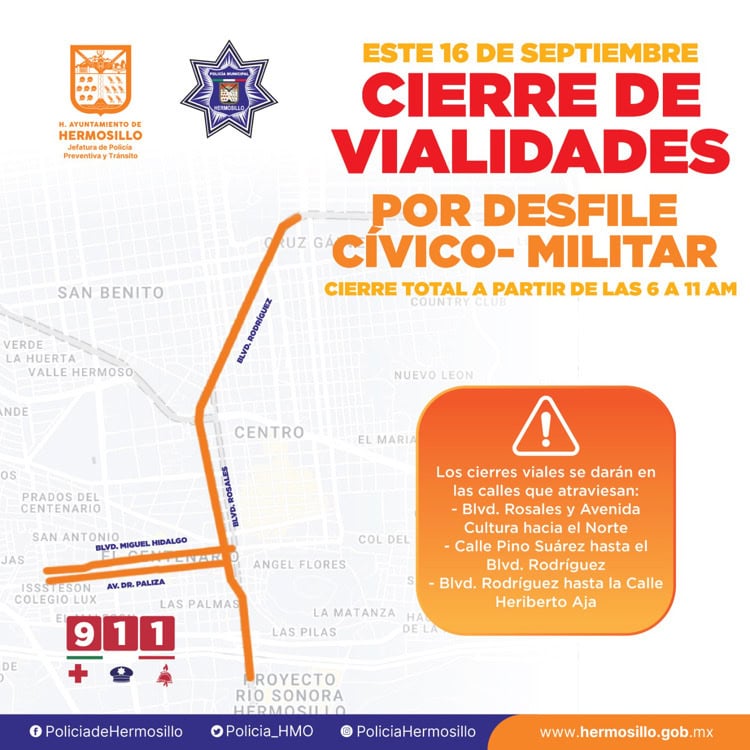 Estas serán las vialidades cerradas por la Fiestas Patrias en Hermosillo