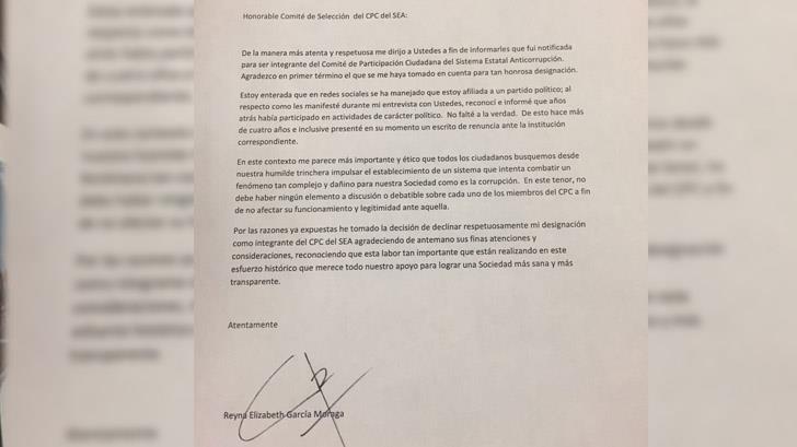 Reyna García declina al Comité de Participación Ciudadana