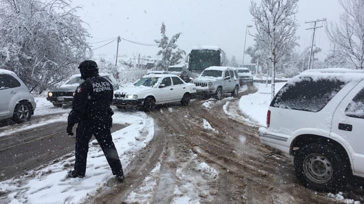 Continúa intensa nevada en Nogales y hay vehículos varados en la entrada sur