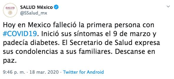 Confirma Salud primer fallecimiento por Covid-19 en México