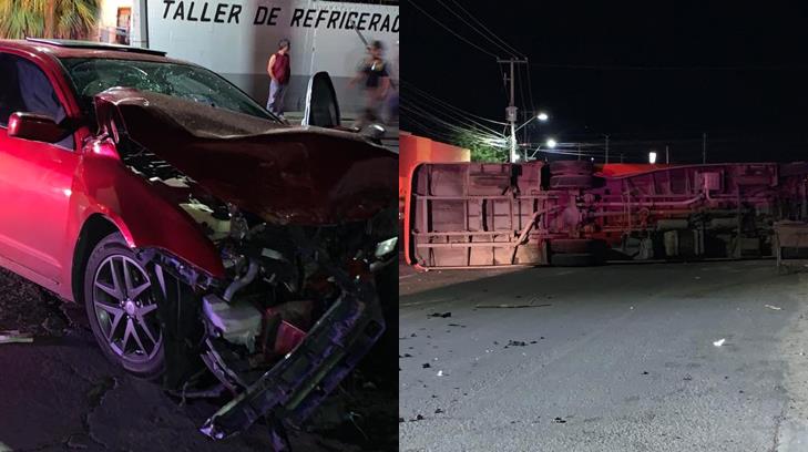 Vuelca camión de transporte urbano en aparatoso choque