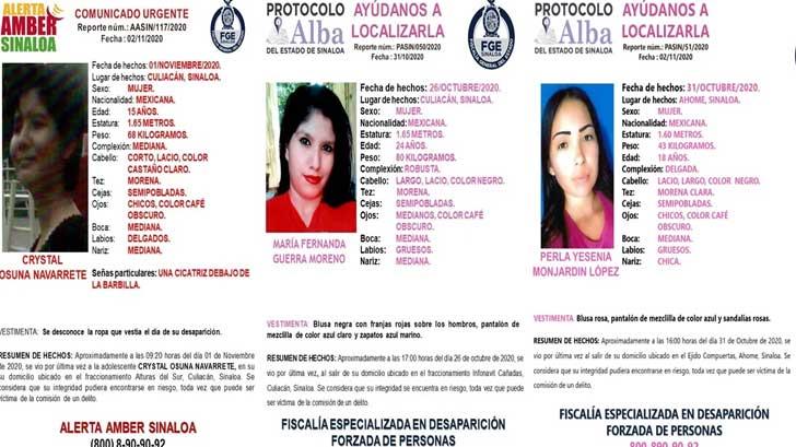 Emiten alertas por desaparición de 3 mujeres en Sinaloa