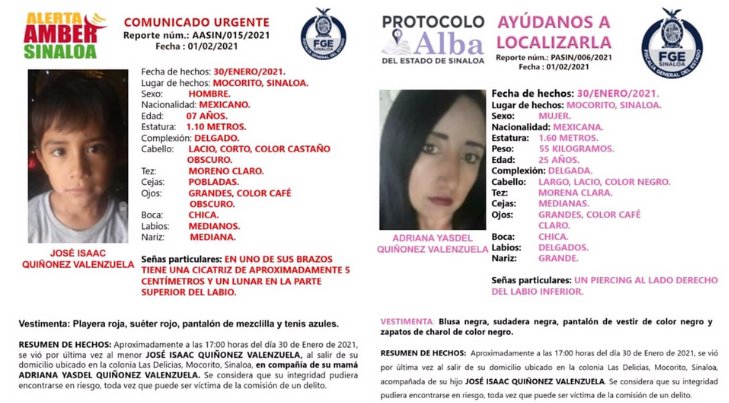 Emiten alertas de búsqueda por dos mujeres y un menor en Sinaloa