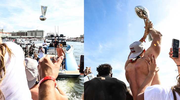 Brady lanza trofeo Vince Lombardi de barco a barco a Gronkowski