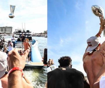 Brady lanza trofeo Vince Lombardi de barco a barco a Gronkowski