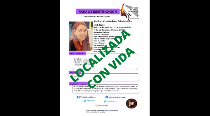 Mirna Guadalupe, desaparecida en Guaymas, fue localizada con vida