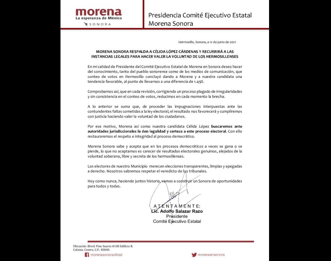 Morena estatal respalda a Célida López y recurrirá a instancias legales