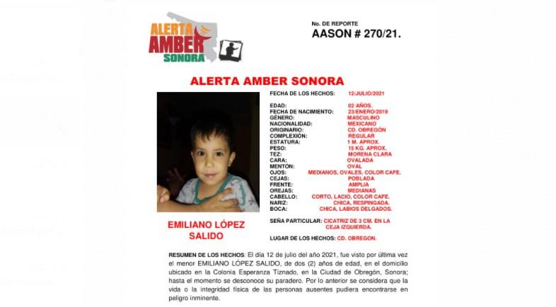 Se activa la Alerta Amber en Sonora: el pequeño Emiliano de 2 años desapareció