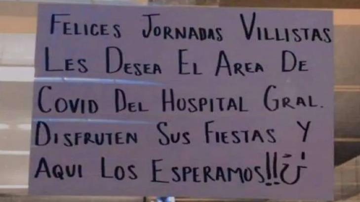 Disfruten sus fiestas, aquí los esperamos; trabajadores de área Covid dejan letrero afuera del hospital