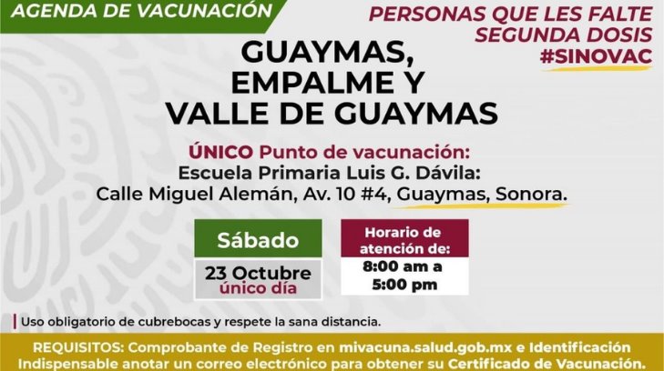 ¿Necesitas la segunda dosis? Habrá mil vacunas Sinovac disponibles en Guaymas este sábado