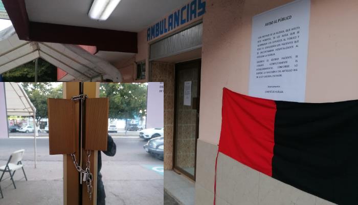 Huelguistas colocan candados a las puertas del Sanatorio Lourdes de Navojoa