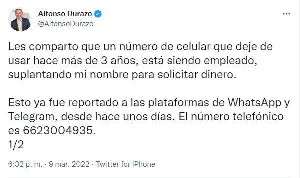 Durazo advierte mal uso de su antiguo número