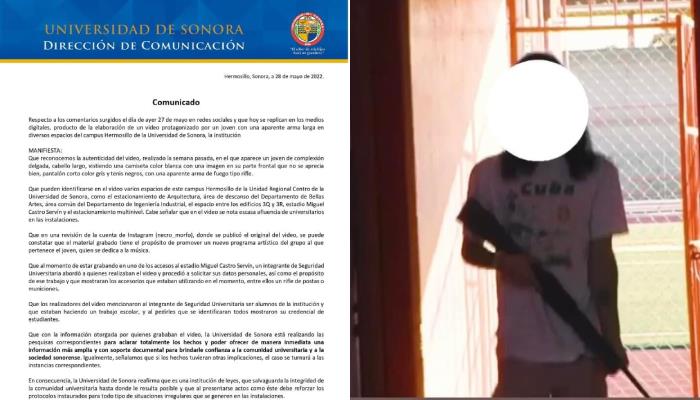 Arma de postas y video para proyecto musical; aclara Unison sobre joven armado en campus Hermosillo